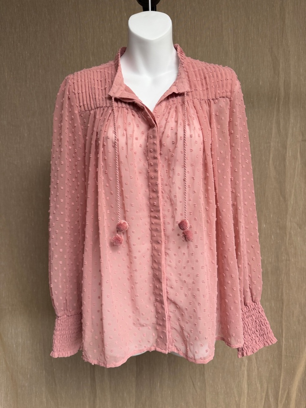 Dusty Rose Textured Button-Down Blouse with Ties